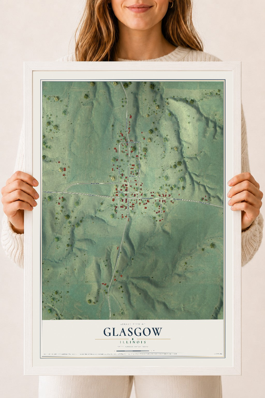 Map of Glasgow, Illinois, 18 x 24 inch print in a white wood frame
