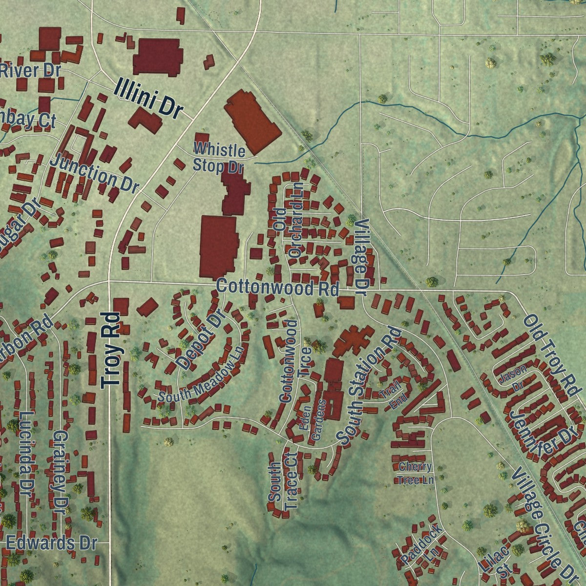 Close-up of the map of Glen Carbon, Illinois print showing street and building detail