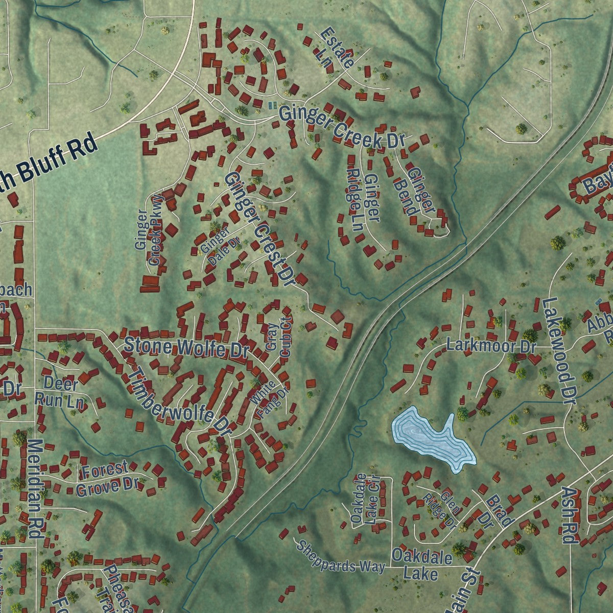 Second close-up of the map of Glen Carbon, Illinois print showing more streets and buildings