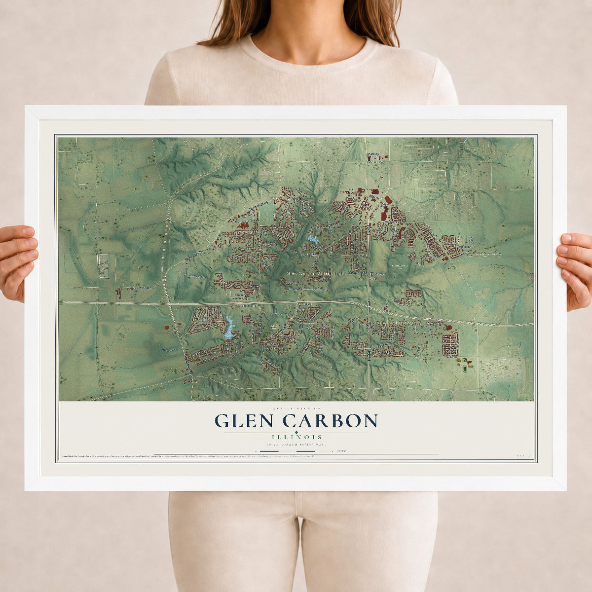 Map of Glen Carbon, Illinois, 18 x 24 inch print in a white wood frame
