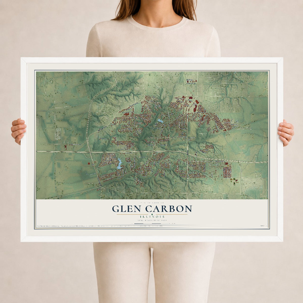 Map of Glen Carbon, Illinois, 24 x 36 inch print in a white wood frame