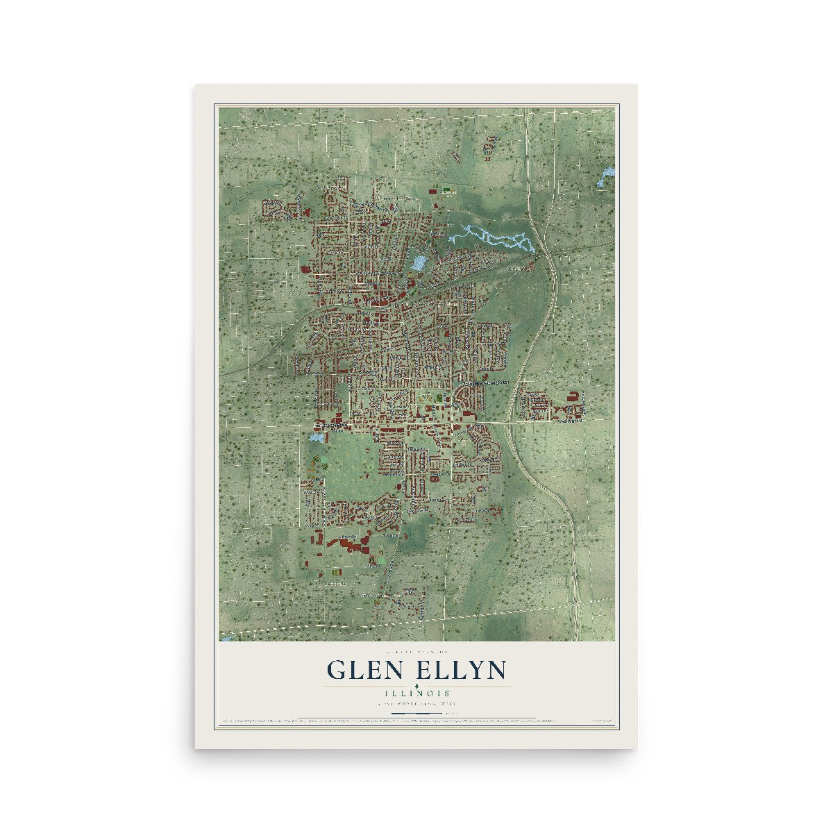 Map of Glen Ellyn, Illinois, 12 x 18 inch unframed archival matte print