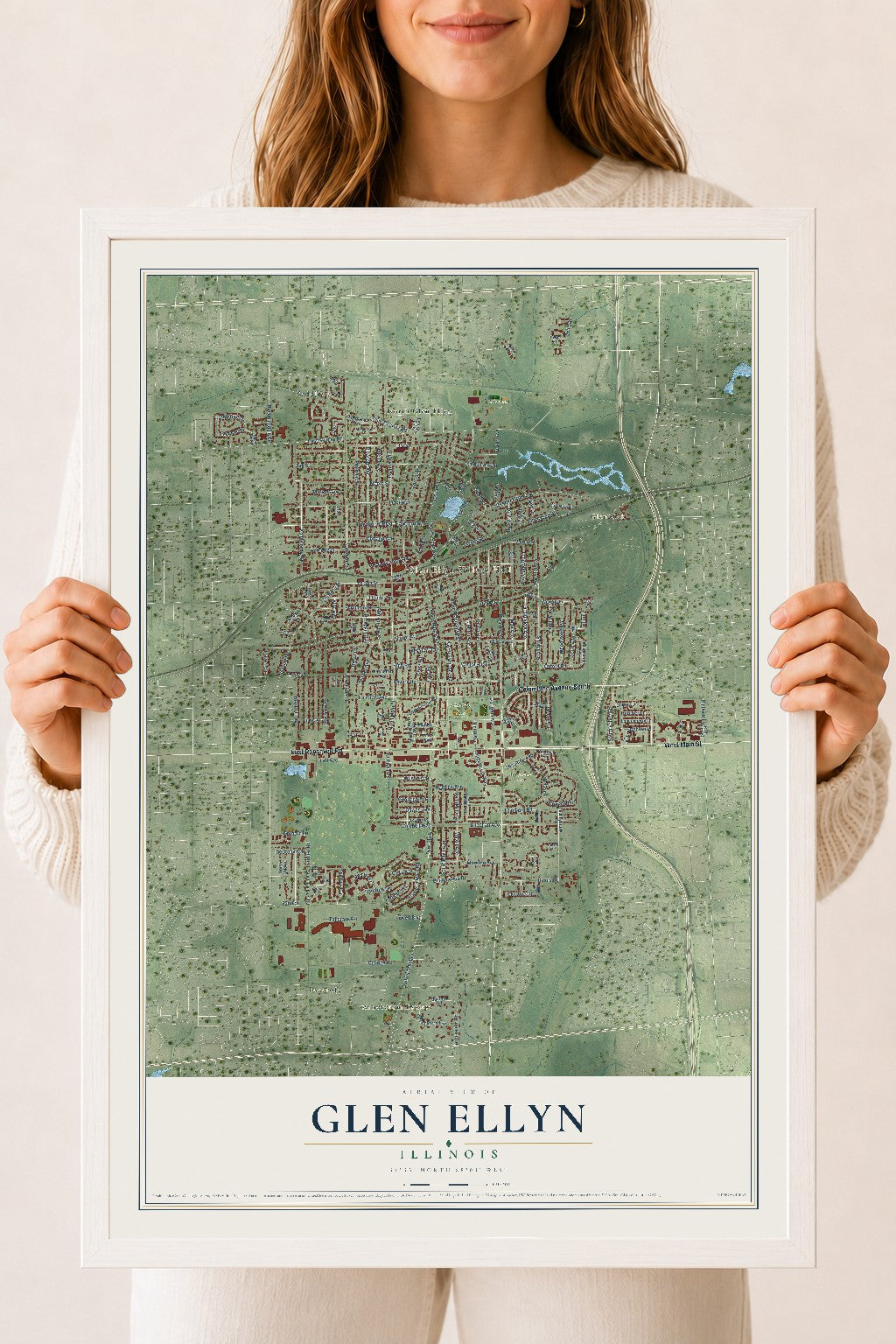 Map of Glen Ellyn, Illinois, 18 x 24 inch print in a white wood frame
