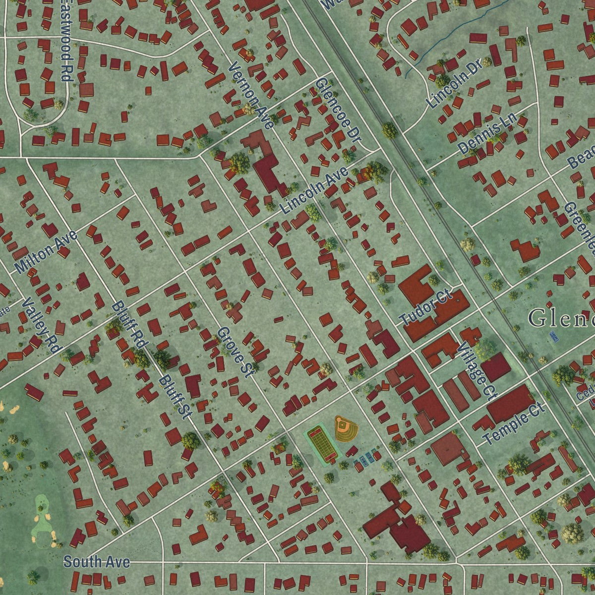 Close-up of the map of Glencoe, Illinois print showing street and building detail