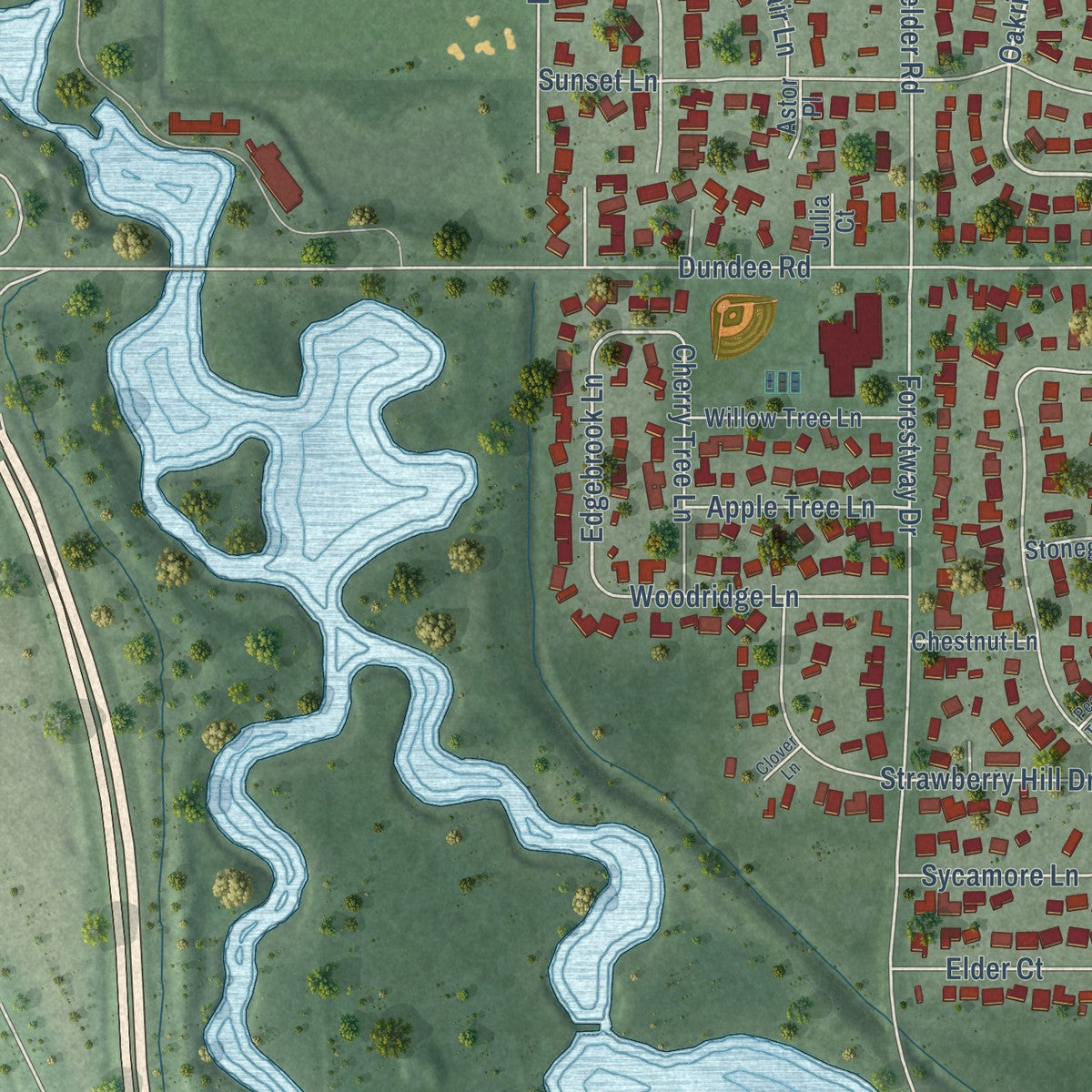 Second close-up of the map of Glencoe, Illinois print showing more streets and buildings