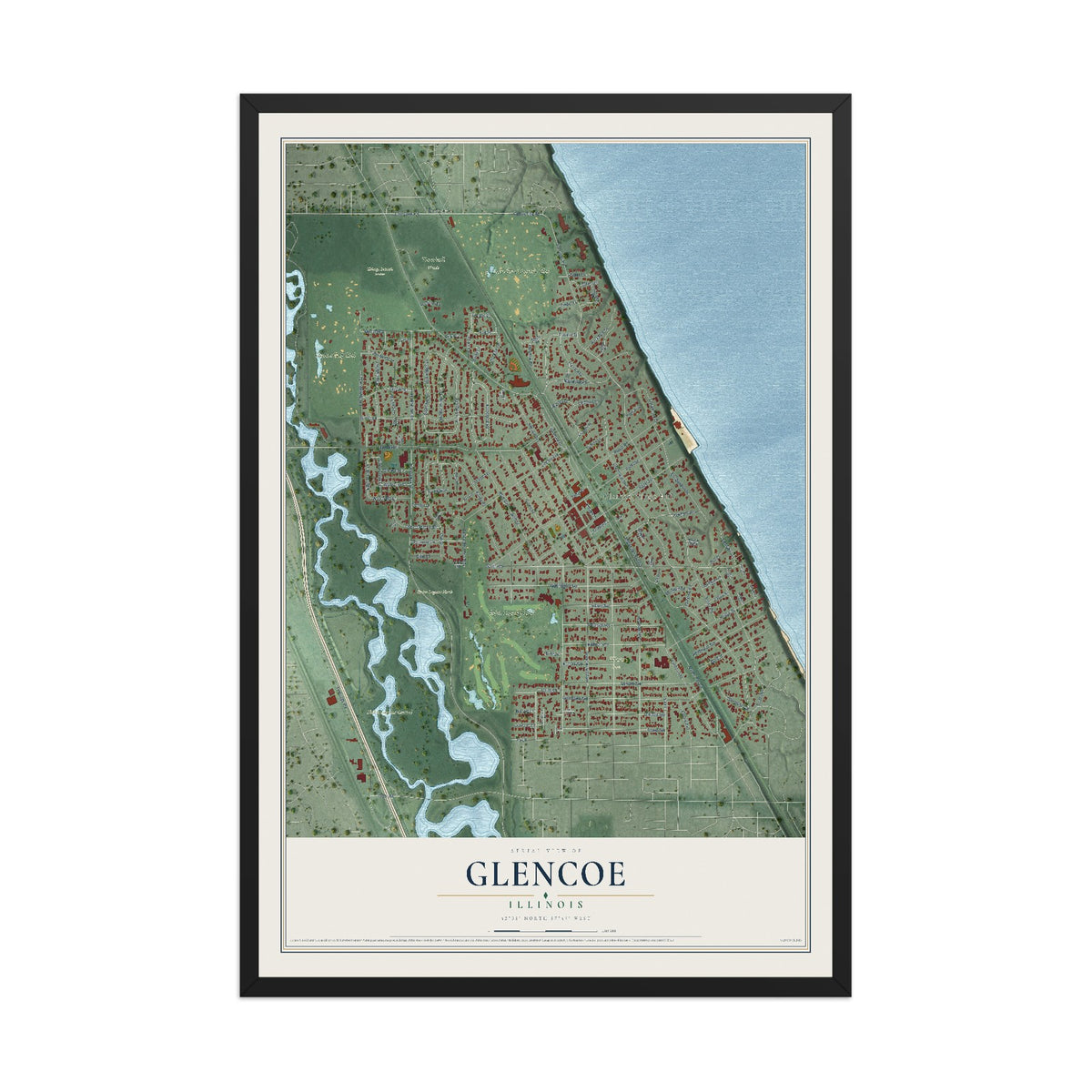 Map of Glencoe, Illinois, 12 x 18 inch print in a black wood frame