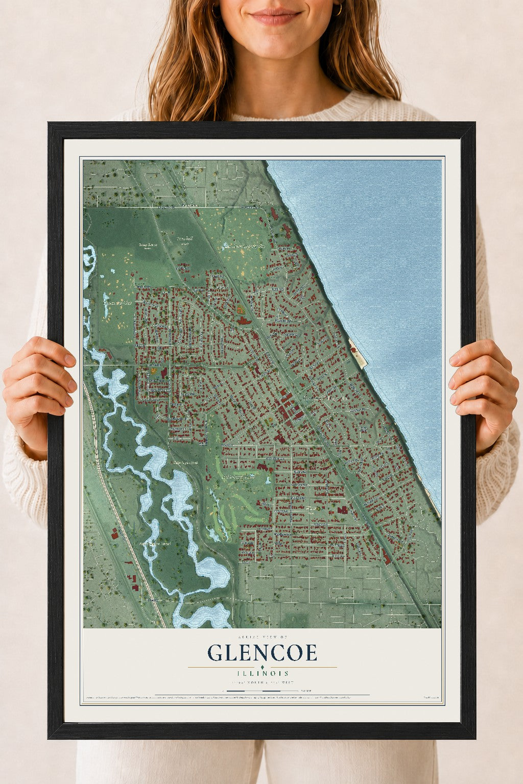 Map of Glencoe, Illinois, 18 x 24 inch print in a black wood frame
