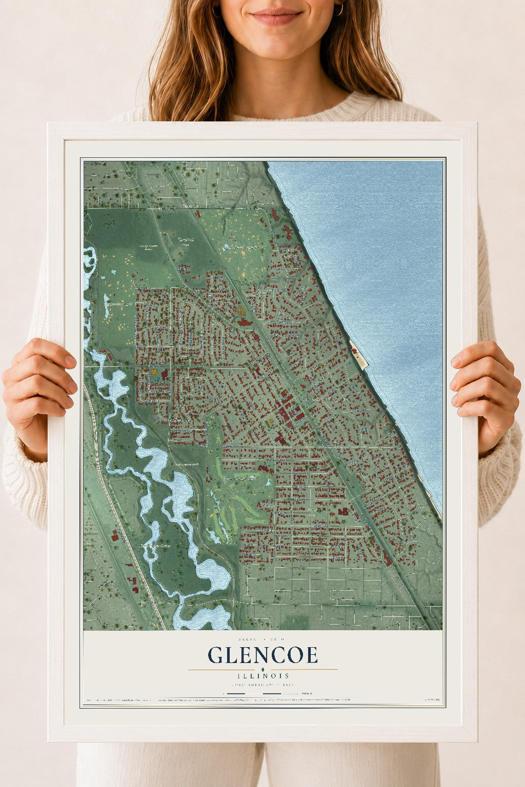 Map of Glencoe, Illinois, 18 x 24 inch print in a white wood frame