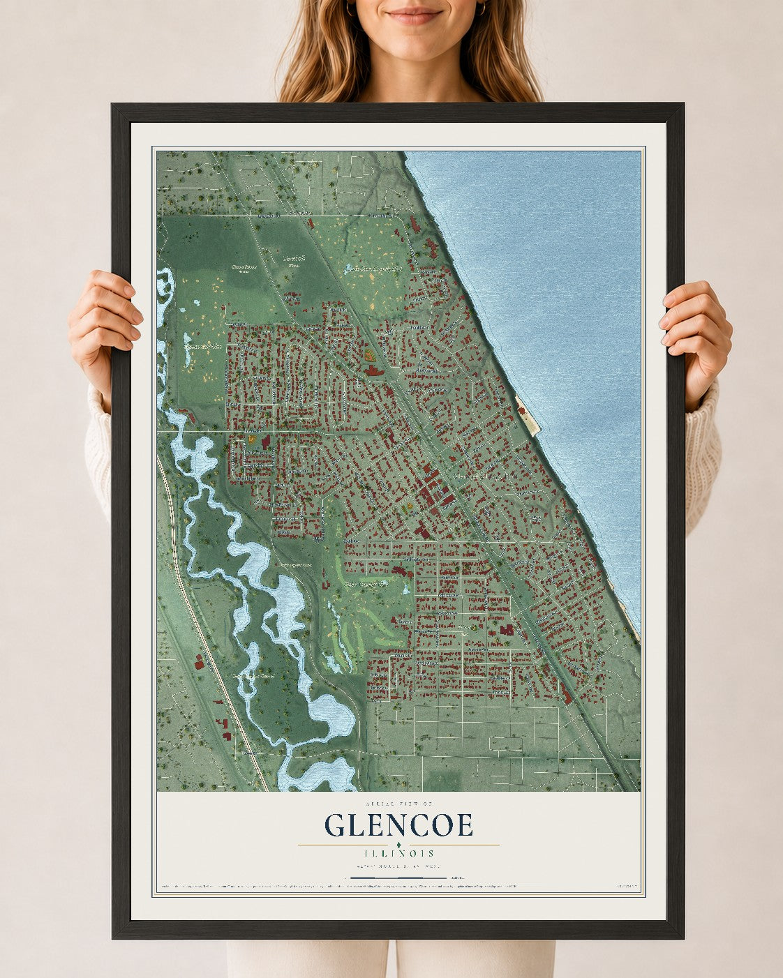 Map of Glencoe, Illinois, 24 x 36 inch print in a black wood frame