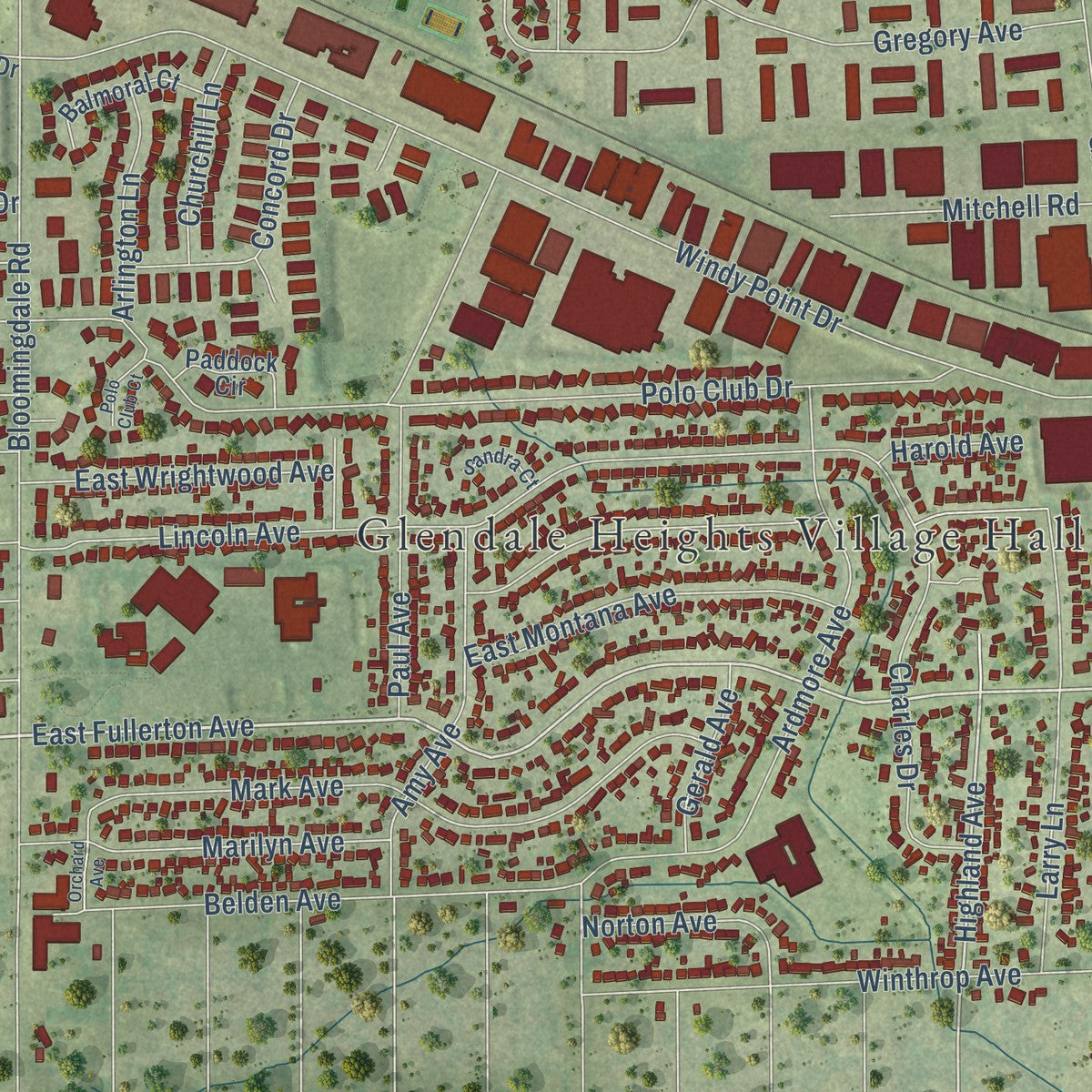 Close-up of the map of Glendale Heights, Illinois print showing street and building detail
