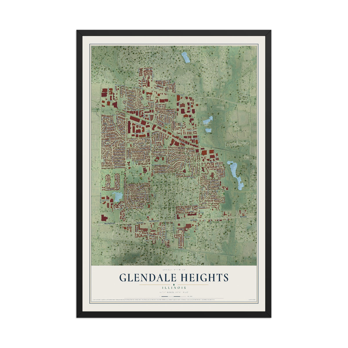 Map of Glendale Heights, Illinois, 12 x 18 inch print in a black wood frame