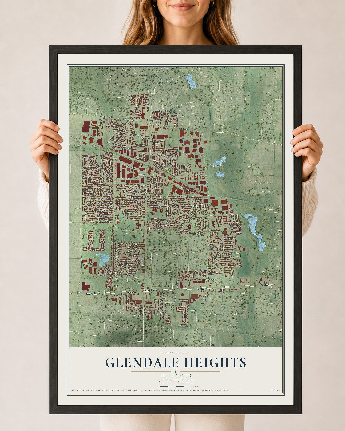 Map of Glendale Heights, Illinois, 24 x 36 inch print in a black wood frame