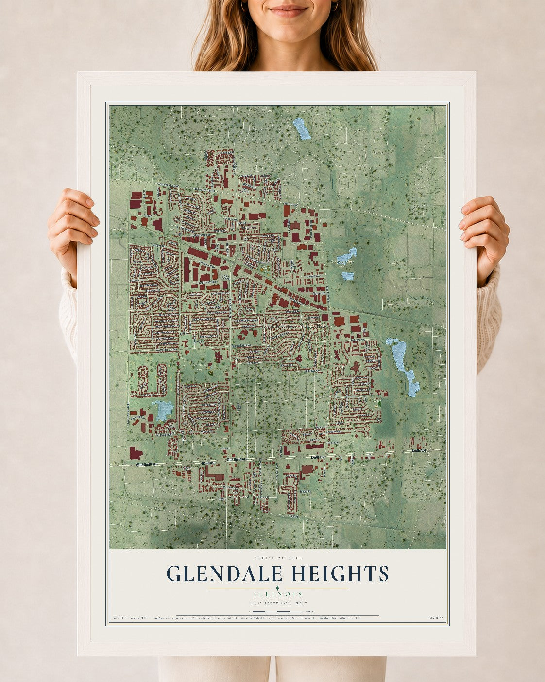 Map of Glendale Heights, Illinois, 24 x 36 inch print in a white wood frame
