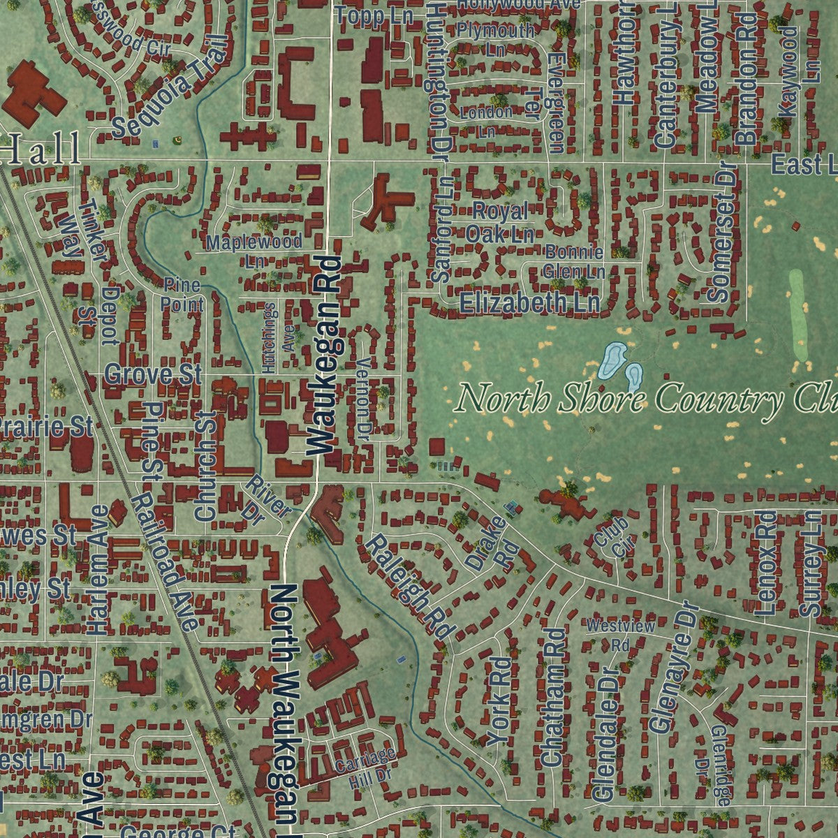 Second close-up of the map of Glenview, Illinois print showing more streets and buildings