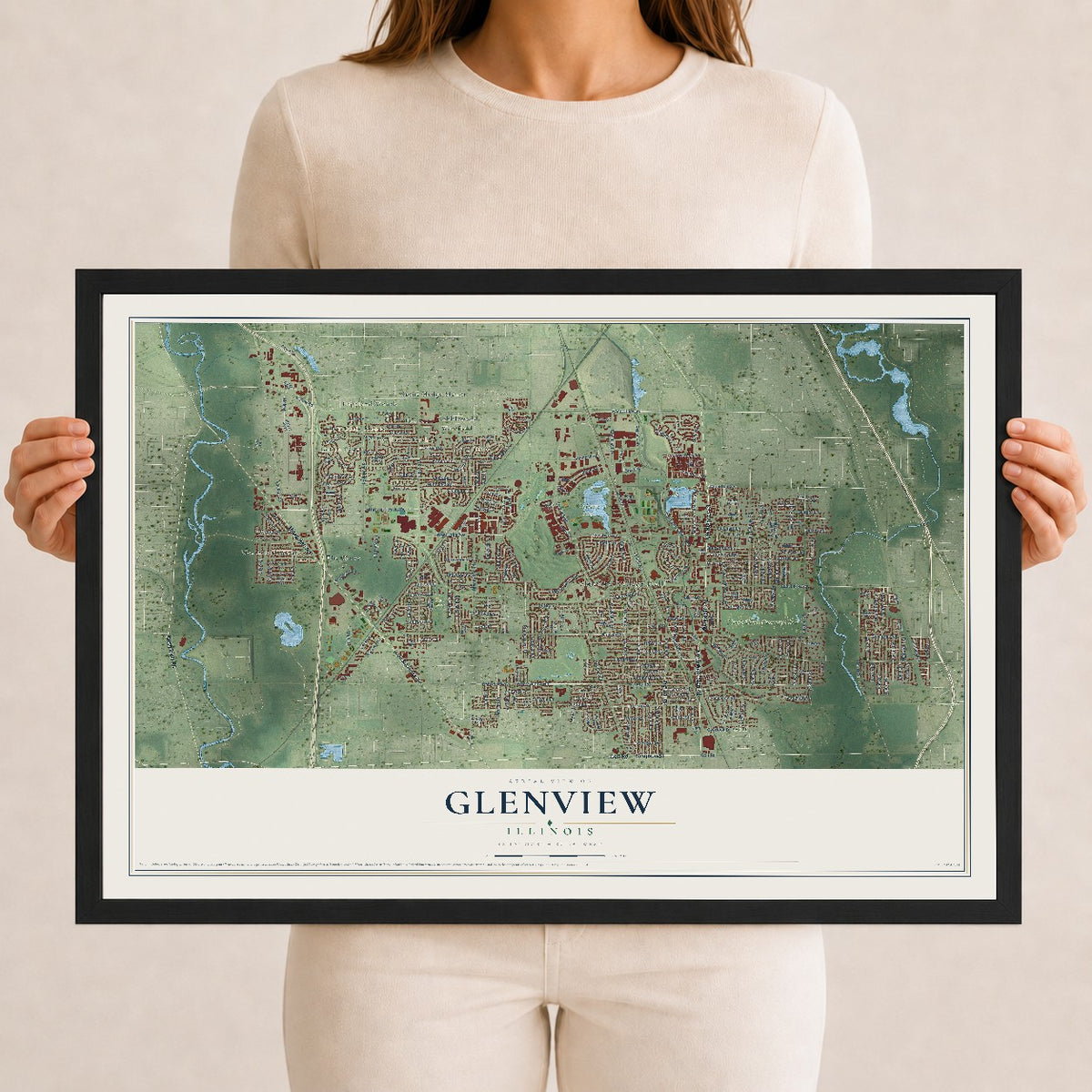Map of Glenview, Illinois, 12 x 18 inch print in a black wood frame