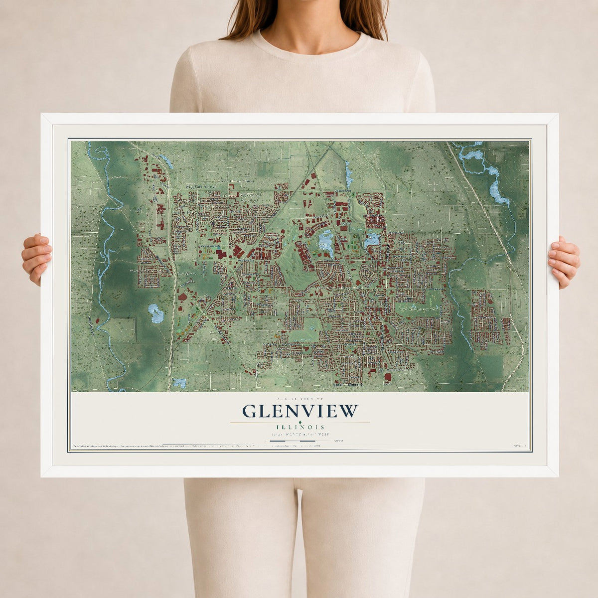 Map of Glenview, Illinois, 24 x 36 inch print in a white wood frame