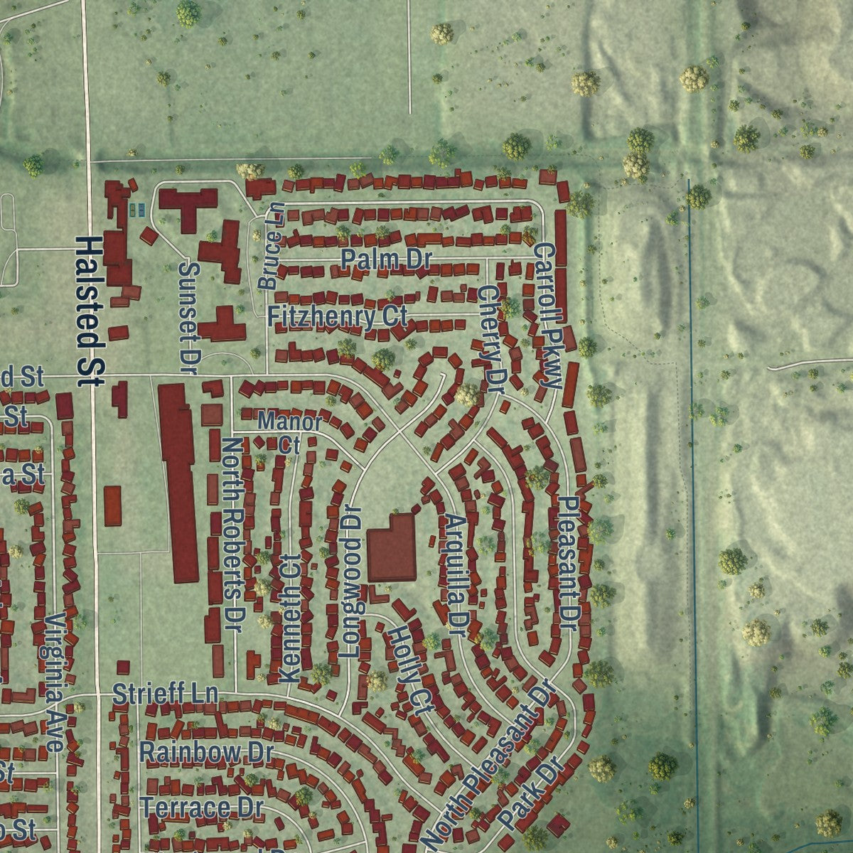 Close-up of the map of Glenwood, Illinois print showing street and building detail