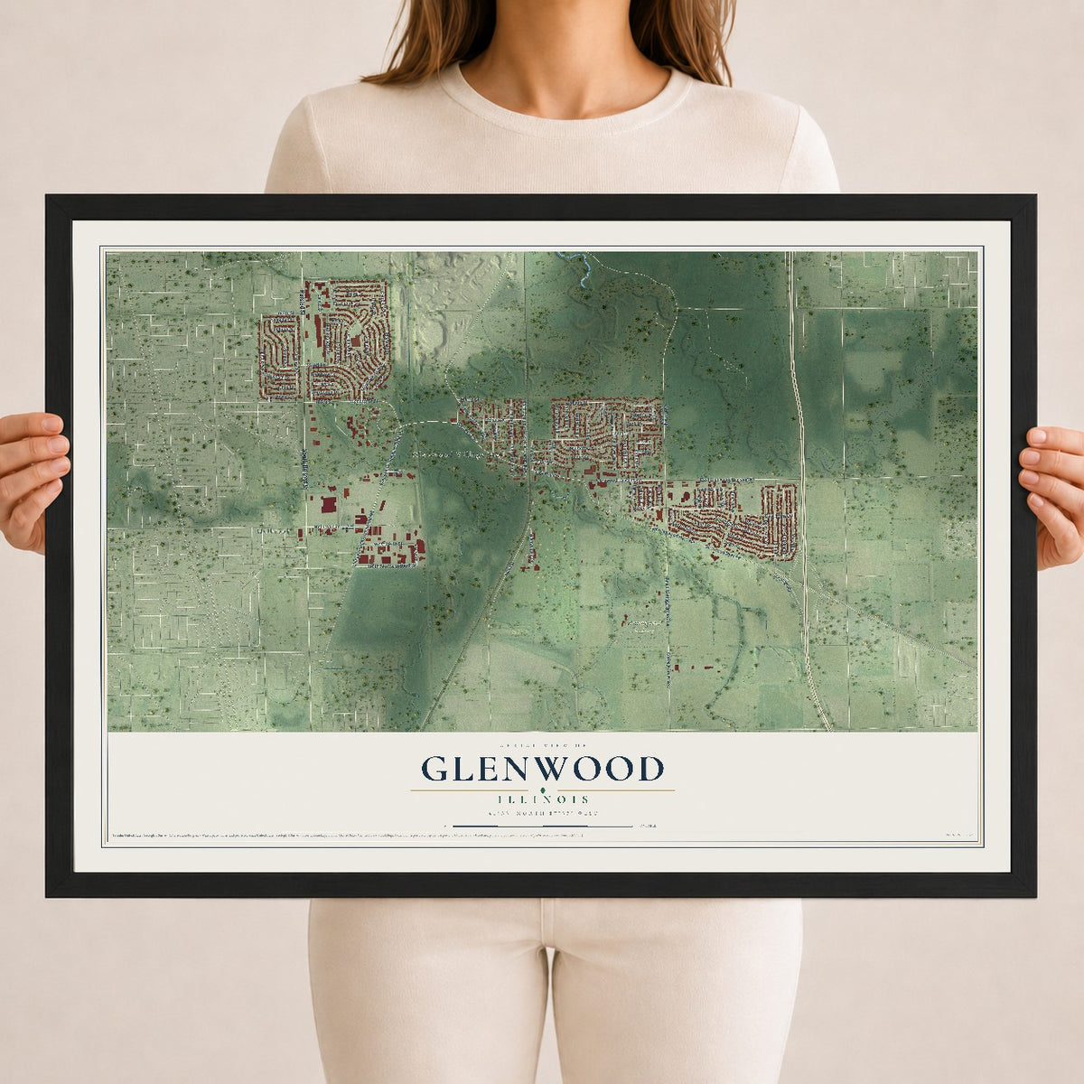 Map of Glenwood, Illinois, 18 x 24 inch print in a black wood frame