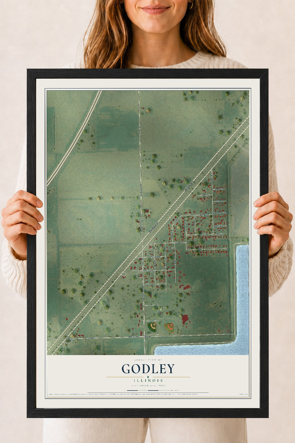 Map of Godley, Illinois, 18 x 24 inch print in a black wood frame