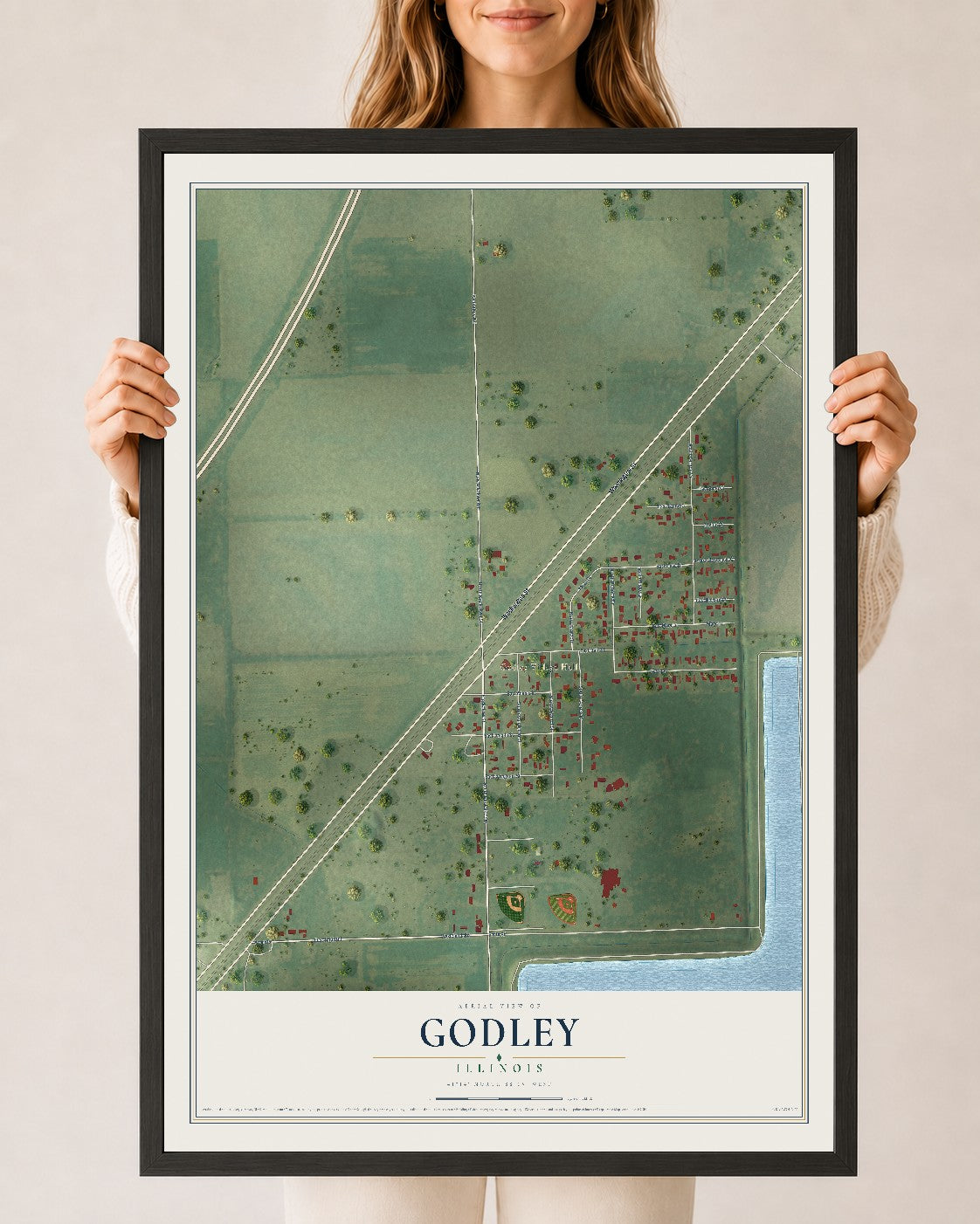 Map of Godley, Illinois, 24 x 36 inch print in a black wood frame
