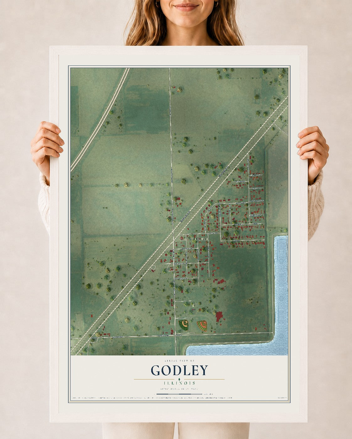 Map of Godley, Illinois, 24 x 36 inch print in a white wood frame