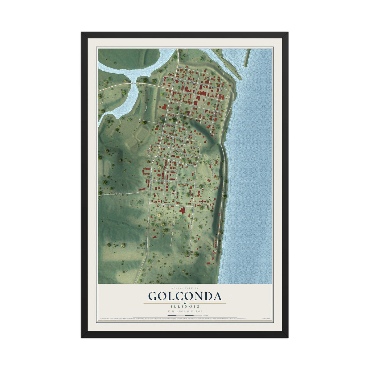 Map of Golconda, Illinois, 12 x 18 inch print in a black wood frame
