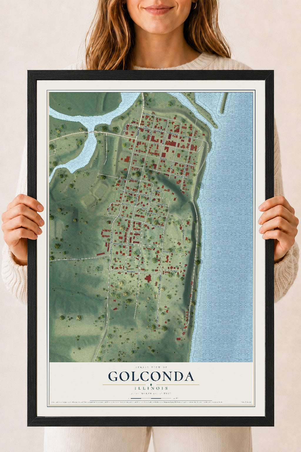 Map of Golconda, Illinois, 18 x 24 inch print in a black wood frame