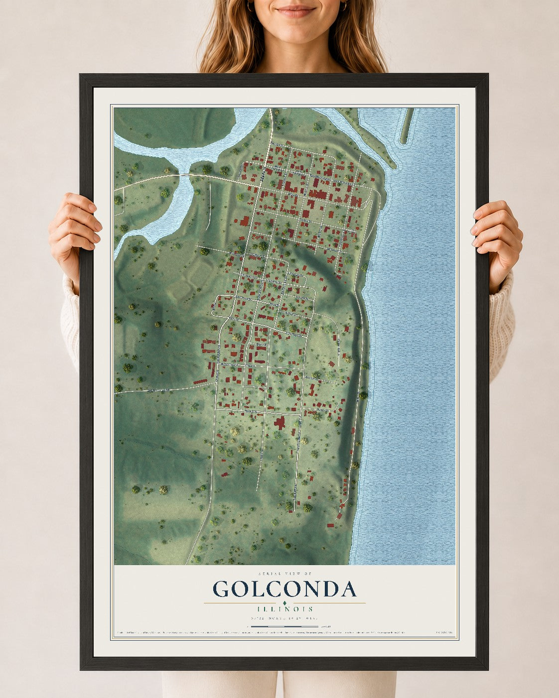 Map of Golconda, Illinois, 24 x 36 inch print in a black wood frame