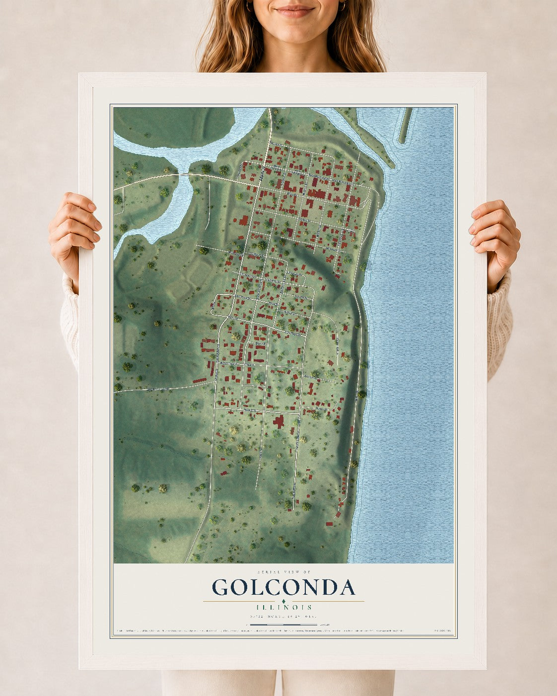 Map of Golconda, Illinois, 24 x 36 inch print in a white wood frame