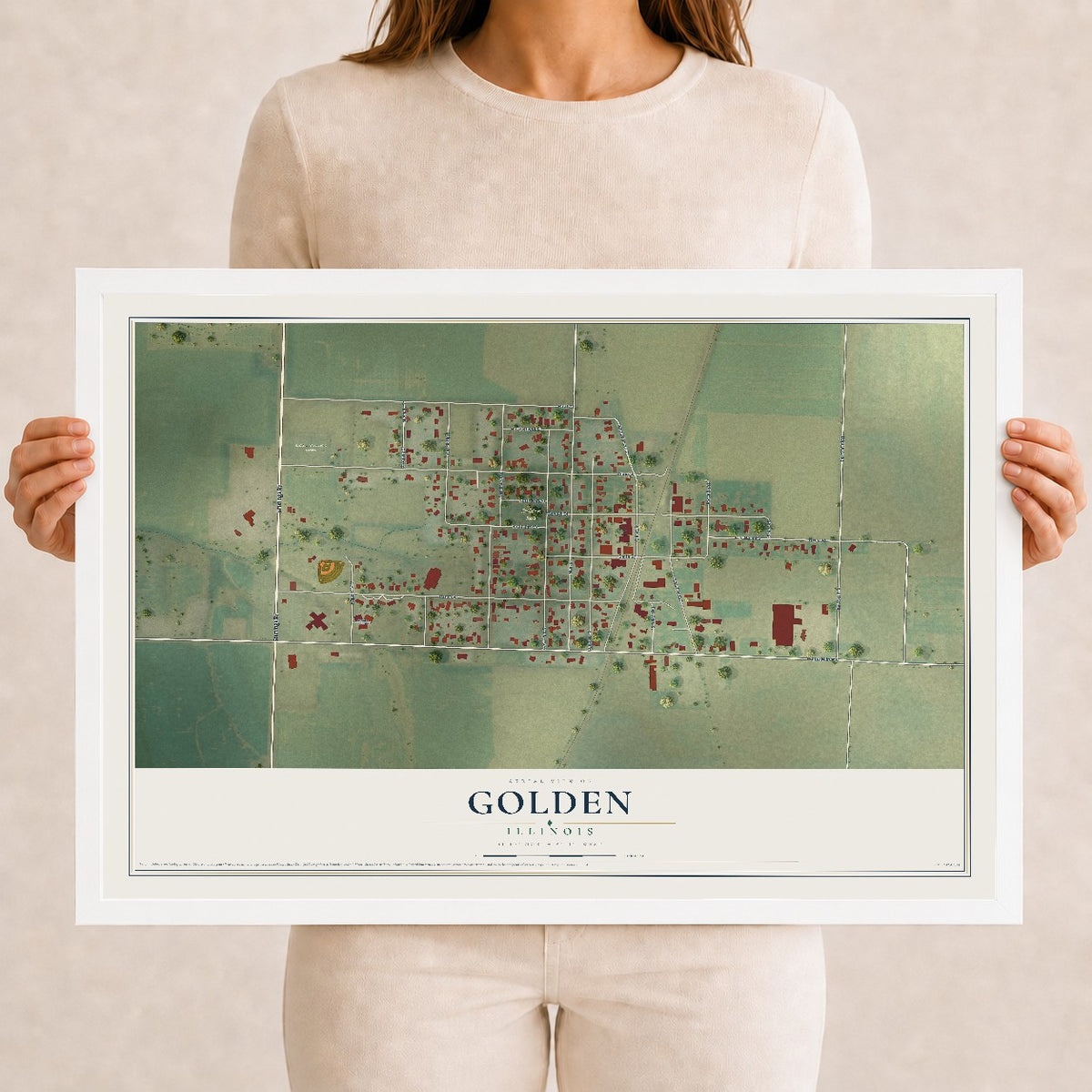 Map of Golden, Illinois, 12 x 18 inch print in a white wood frame
