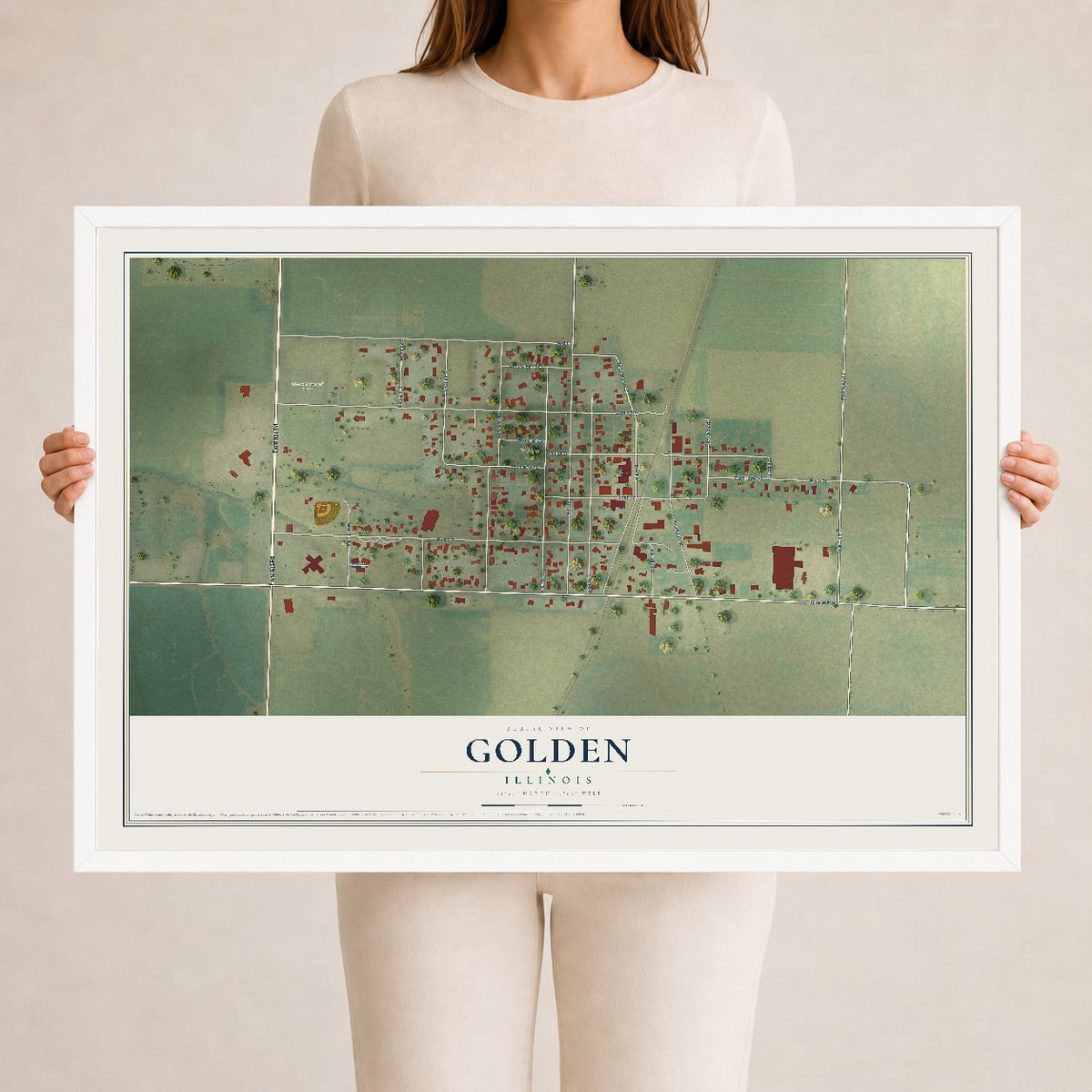 Map of Golden, Illinois, 24 x 36 inch print in a white wood frame