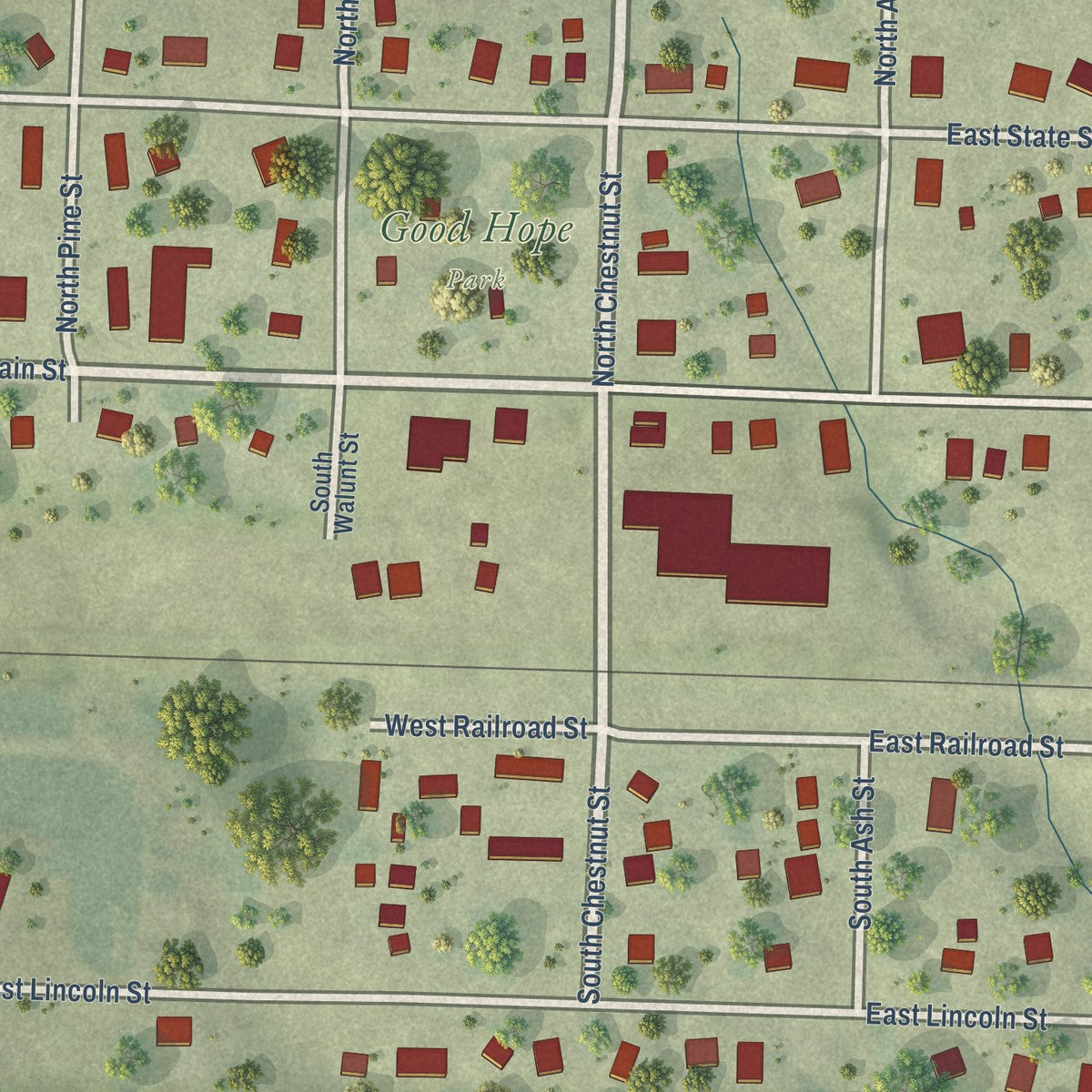 Close-up of the map of Good Hope, Illinois print showing street and building detail