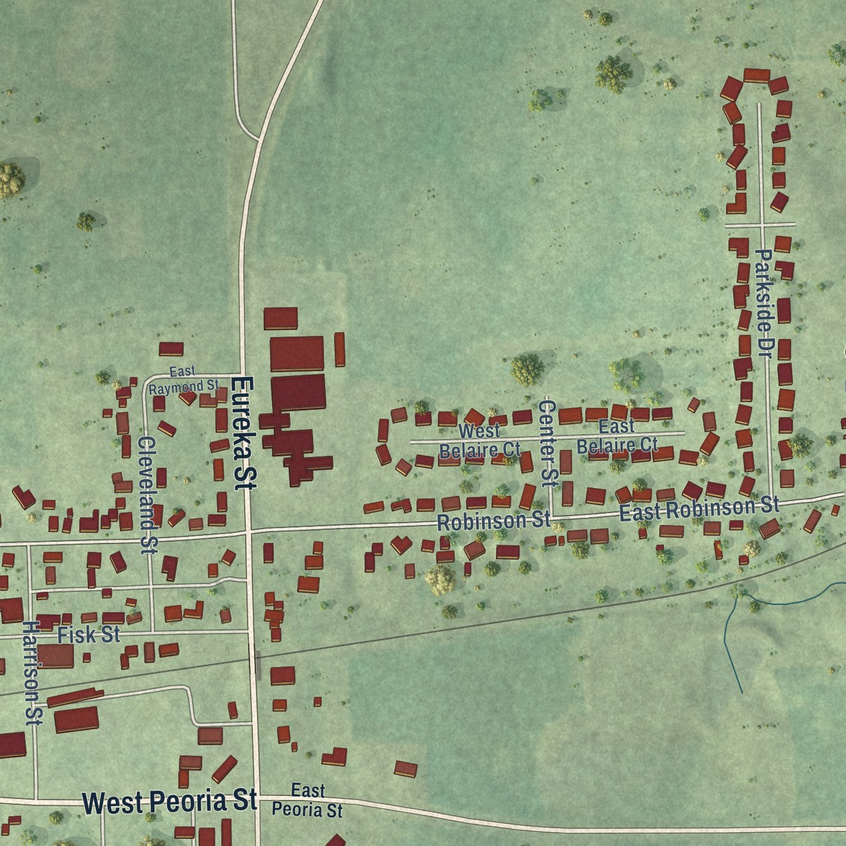 Close-up of the map of Goodfield, Illinois print showing street and building detail