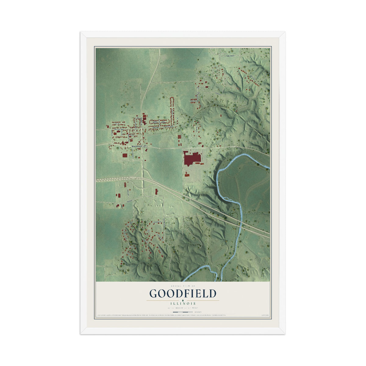 Map of Goodfield, Illinois, 12 x 18 inch print in a white wood frame