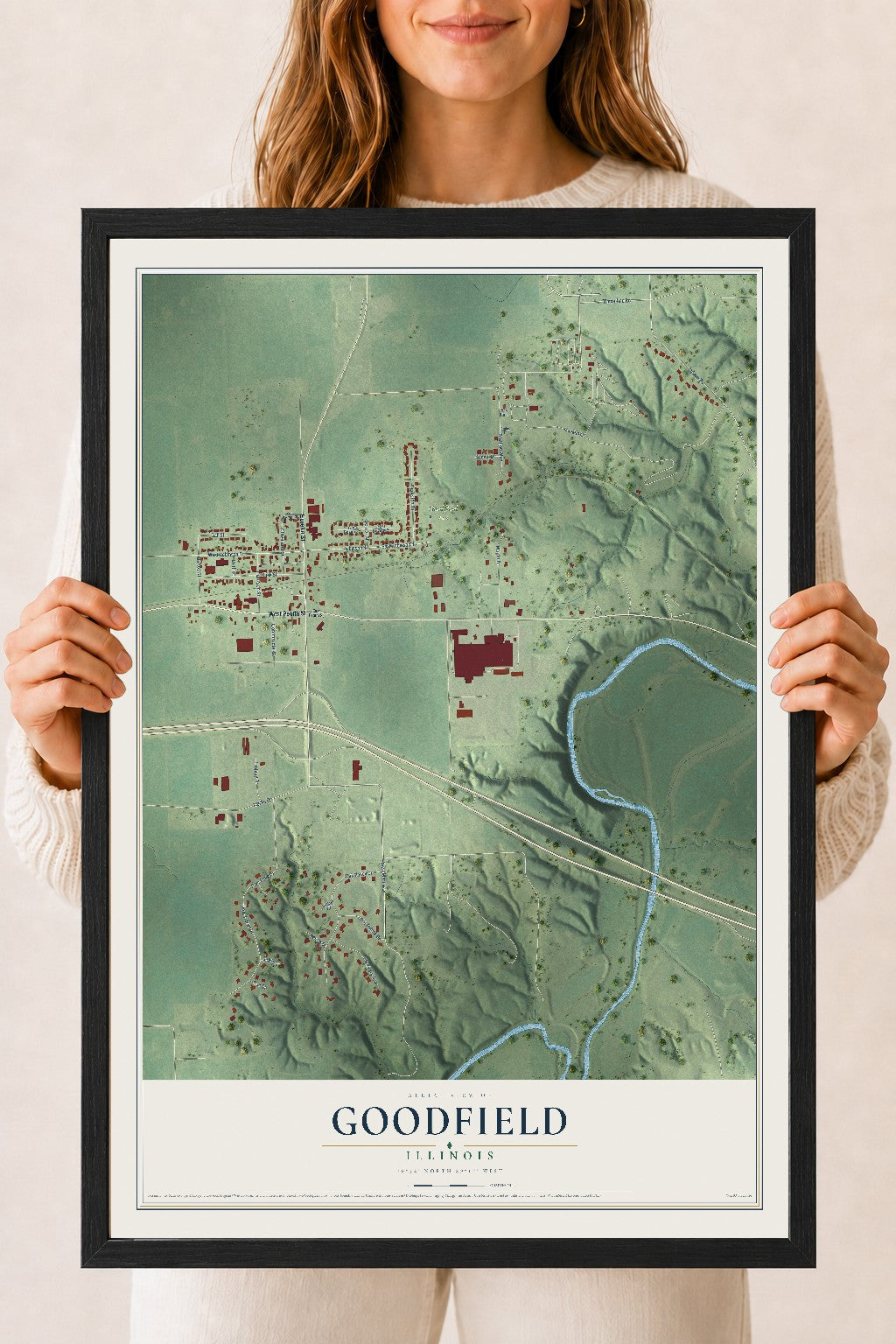 Map of Goodfield, Illinois, 18 x 24 inch print in a black wood frame