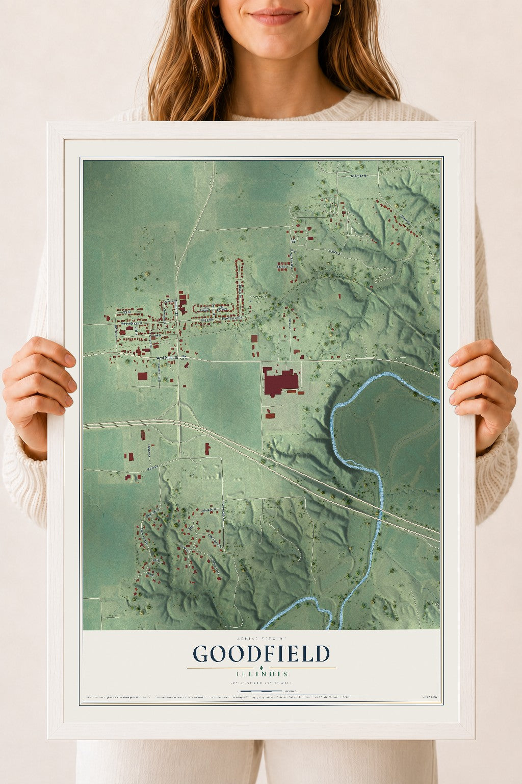 Map of Goodfield, Illinois, 18 x 24 inch print in a white wood frame