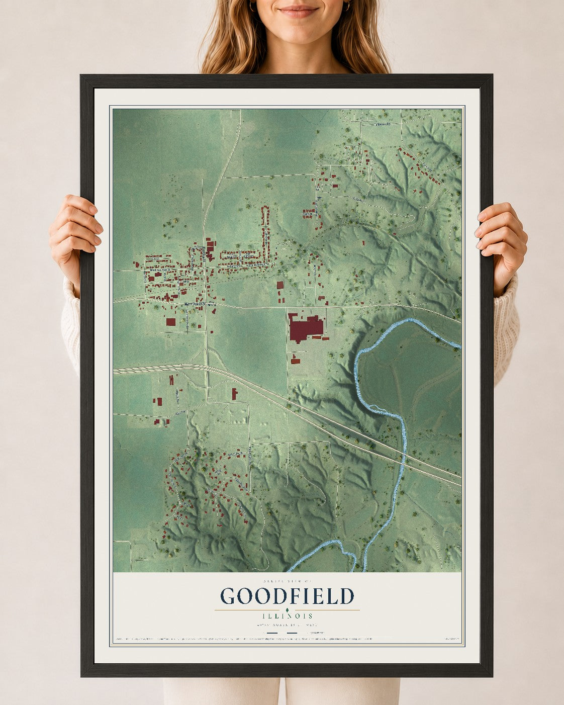 Map of Goodfield, Illinois, 24 x 36 inch print in a black wood frame