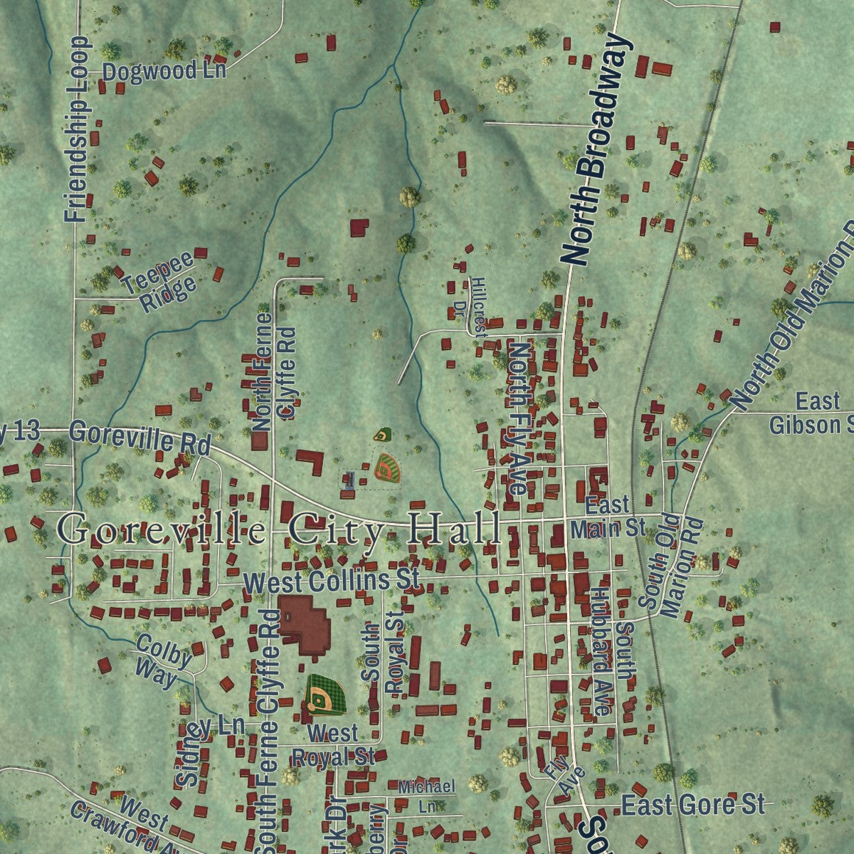 Close-up of the map of Goreville, Illinois print showing street and building detail