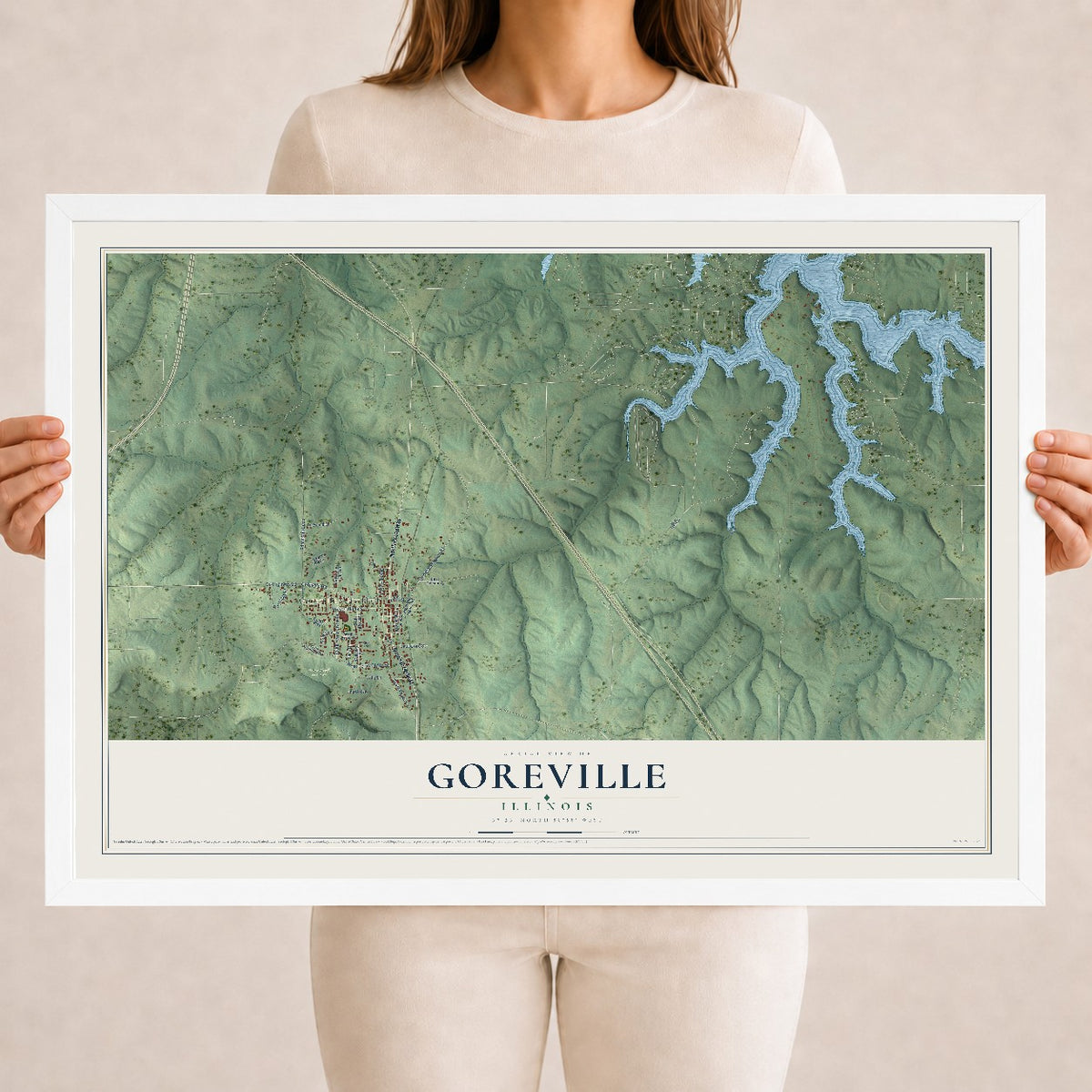 Map of Goreville, Illinois, 18 x 24 inch print in a white wood frame