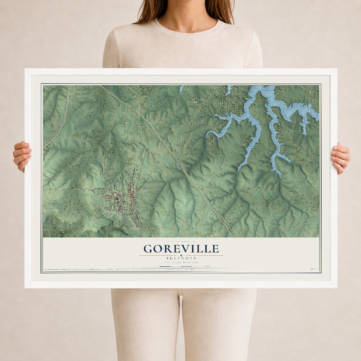 Map of Goreville, Illinois, 24 x 36 inch print in a white wood frame