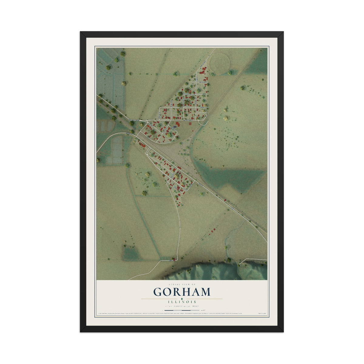 Map of Gorham, Illinois, 12 x 18 inch print in a black wood frame