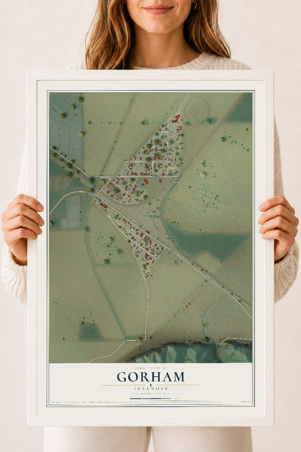 Map of Gorham, Illinois, 18 x 24 inch print in a white wood frame