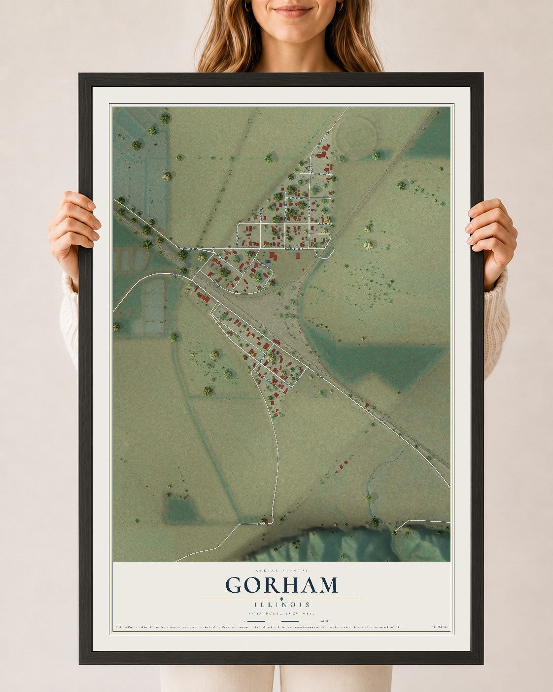 Map of Gorham, Illinois, 24 x 36 inch print in a black wood frame