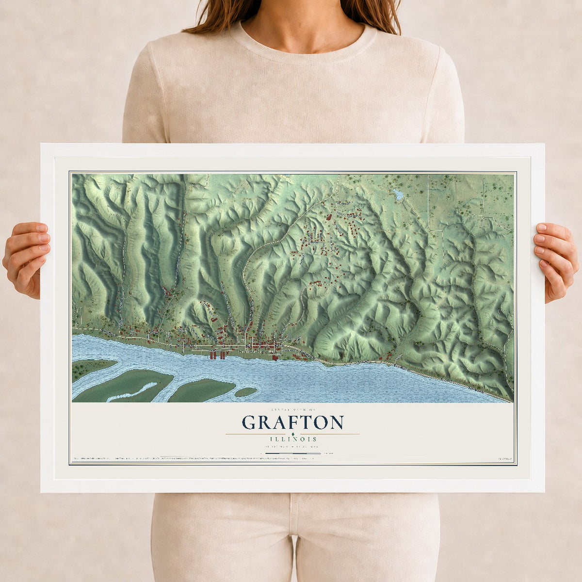Map of Grafton, Illinois, 12 x 18 inch print in a white wood frame