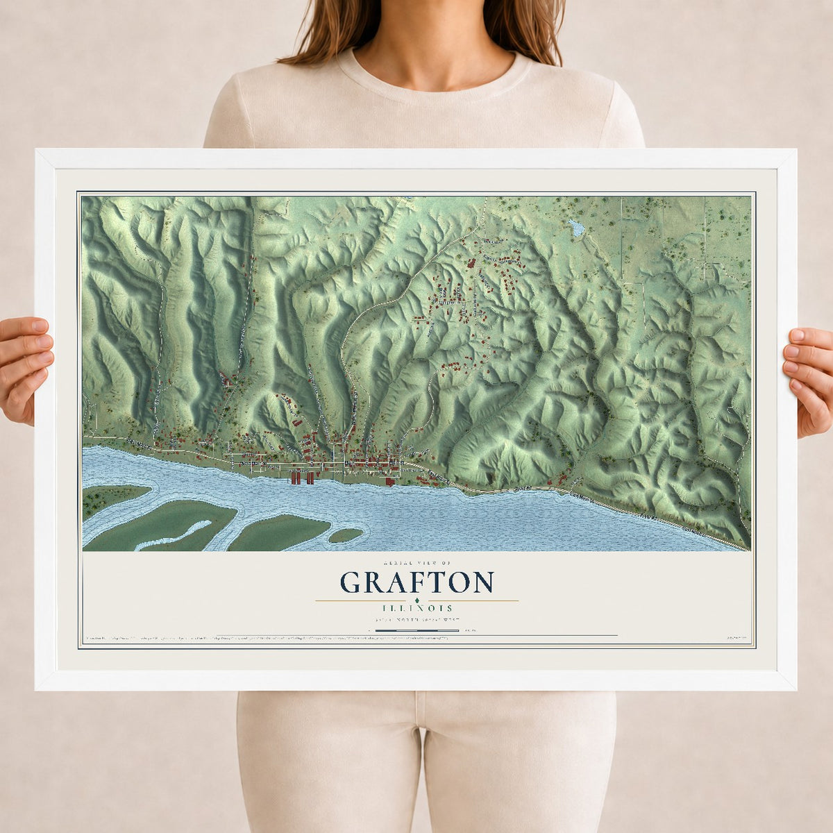 Map of Grafton, Illinois, 18 x 24 inch print in a white wood frame