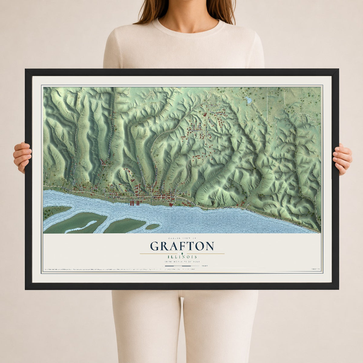 Map of Grafton, Illinois, 24 x 36 inch print in a black wood frame