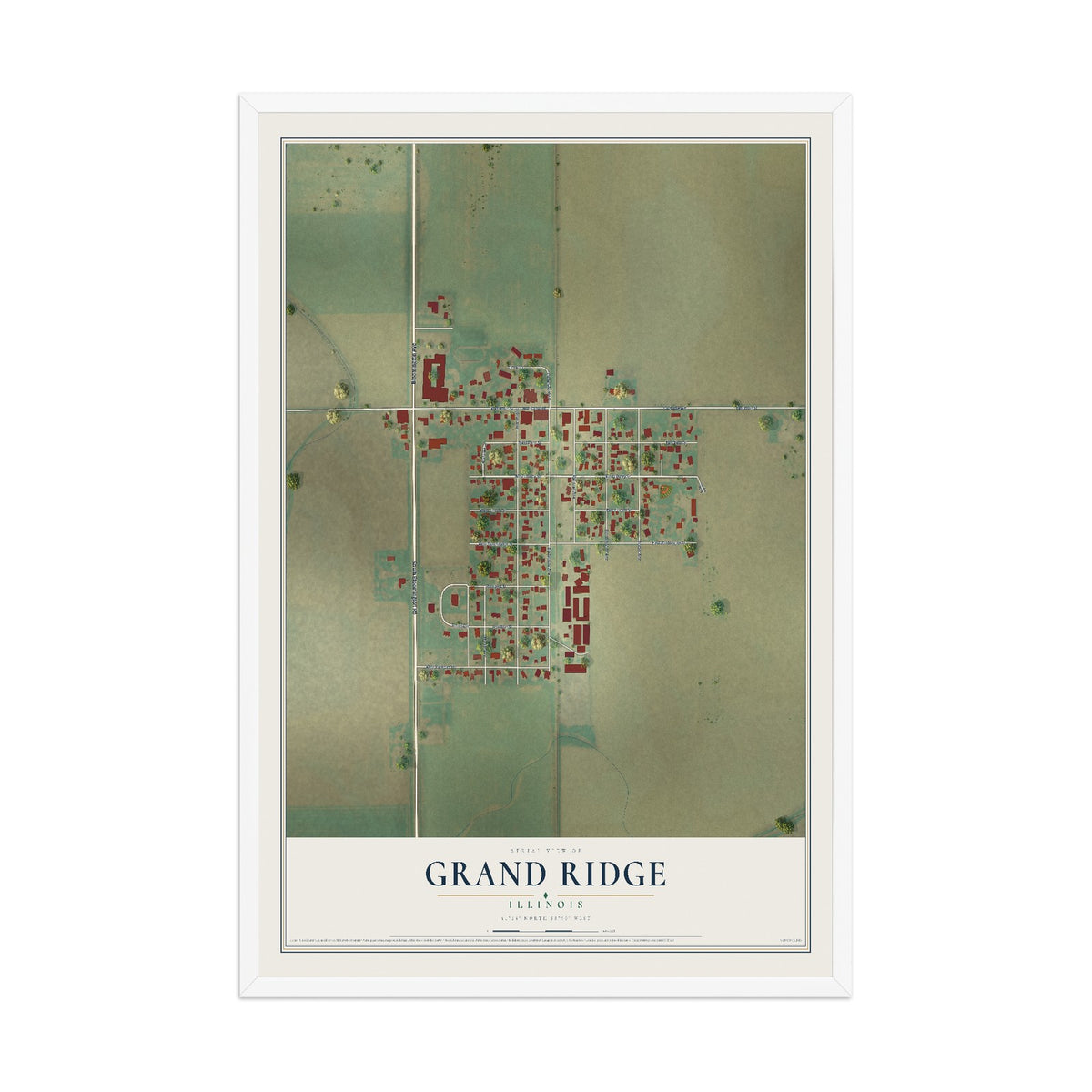 Map of Grand Ridge, Illinois, 12 x 18 inch print in a white wood frame