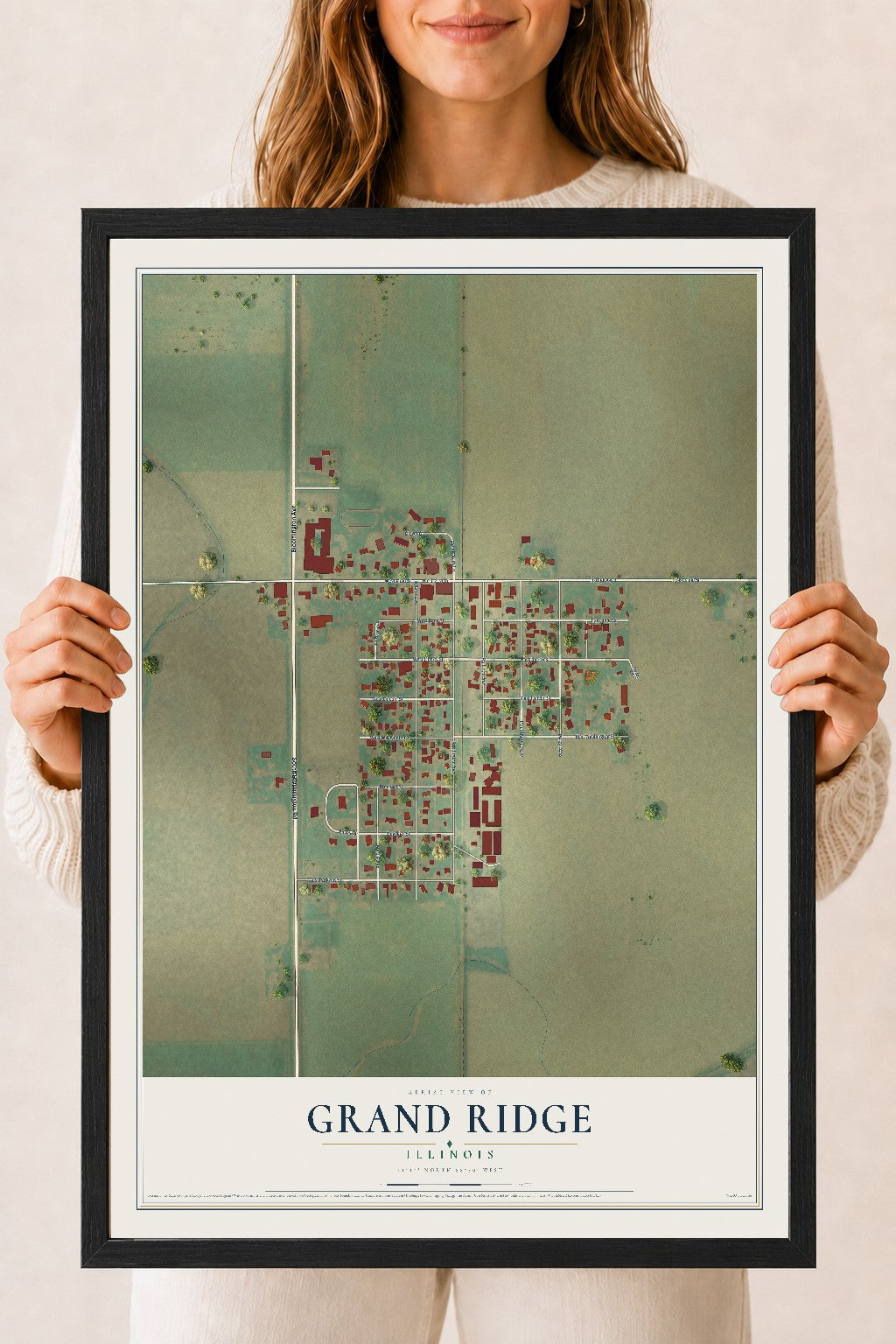 Map of Grand Ridge, Illinois, 18 x 24 inch print in a black wood frame