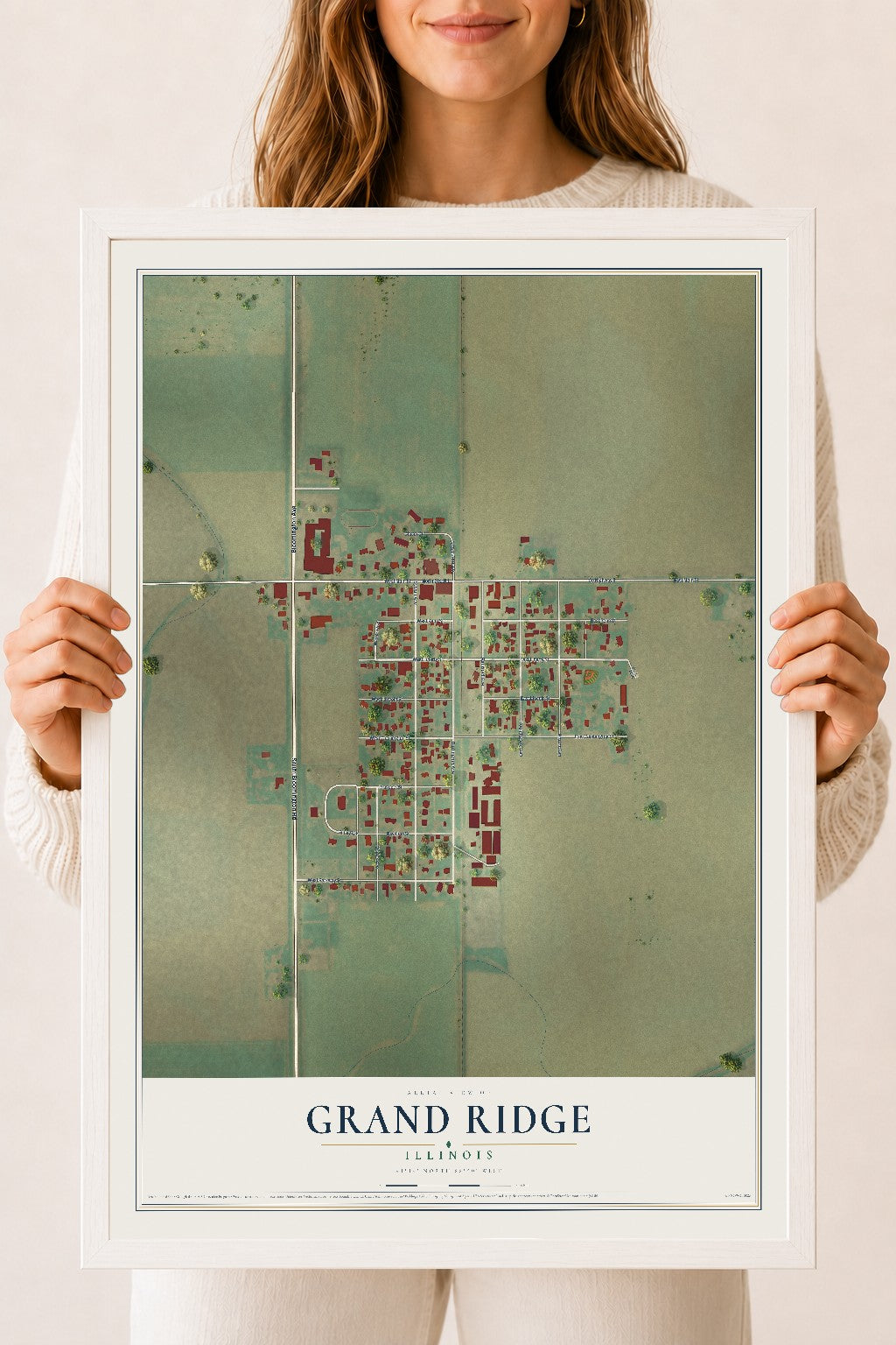 Map of Grand Ridge, Illinois, 18 x 24 inch print in a white wood frame