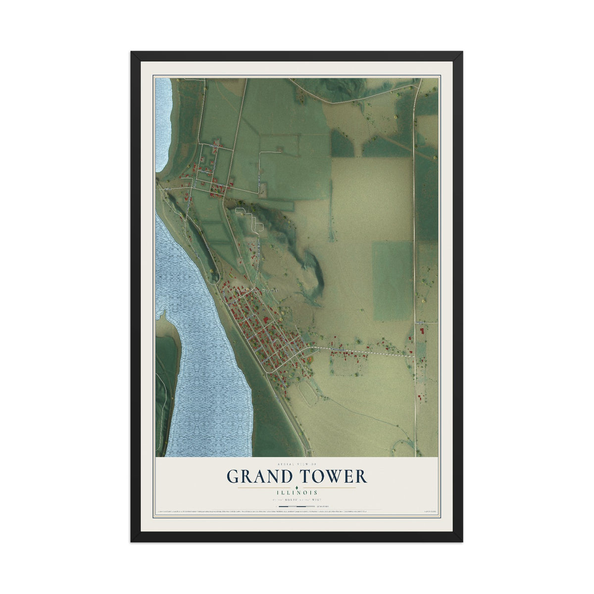 Map of Grand Tower, Illinois, 12 x 18 inch print in a black wood frame